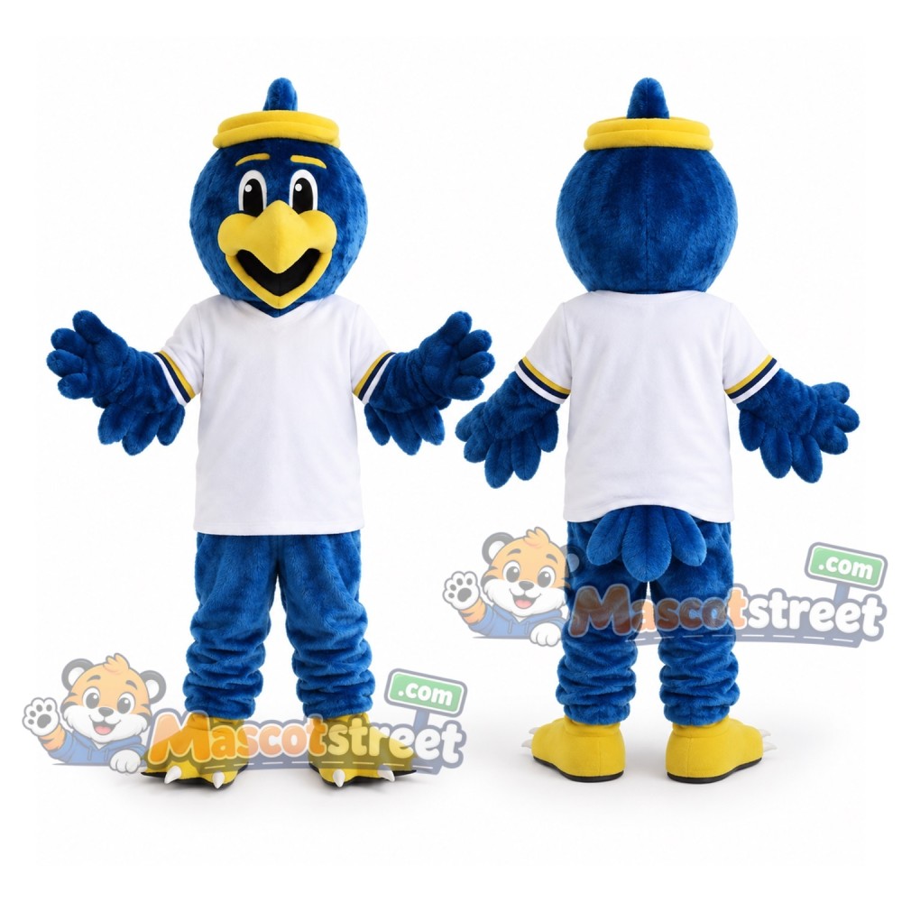 Blue Bird Mascot Costume with White Shirt and Yellow Headband Blue Bird Mascot Costume with White Shirt and Yellow Headband