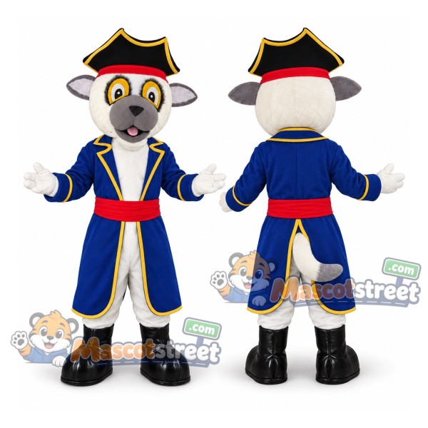Gray Dog Mascot Costume with Blue Pirate Coat and Black Pirate Hat