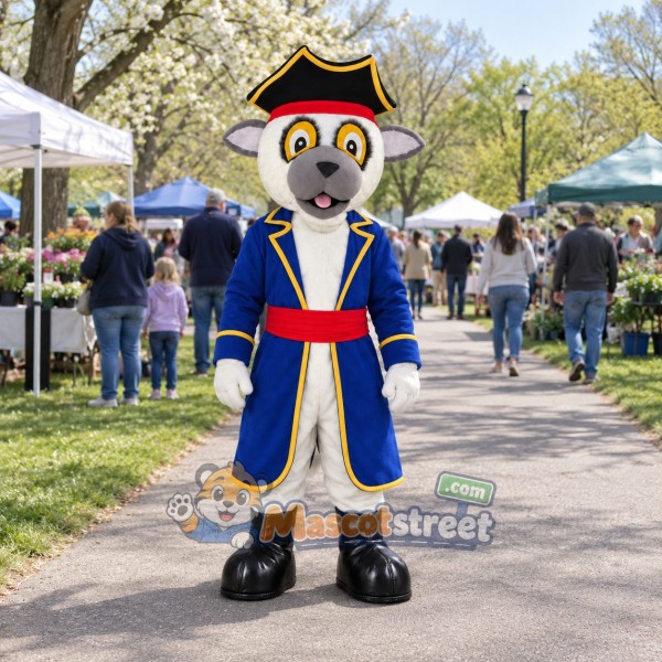 Gray Dog Mascot Costume with Blue Pirate Coat and Black Pirate Hat