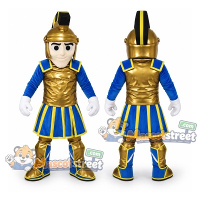 Knight Mascot Costume with Gold Armor and Blue Uniform