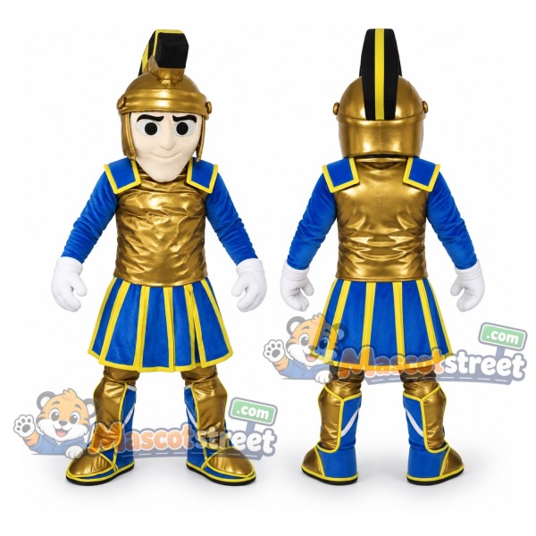 Knight Mascot Costume with Gold Armor and Blue Uniform