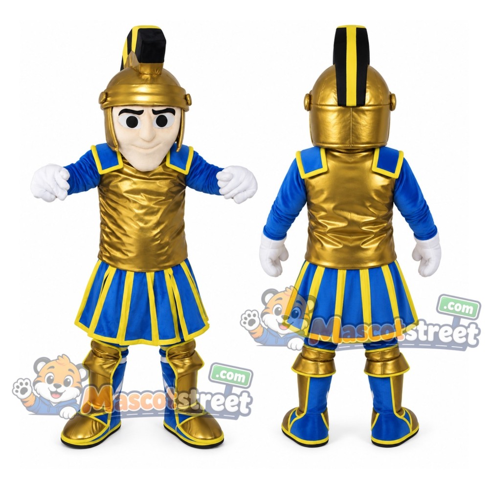 Knight Mascot Costume with Gold Armor and Blue Uniform