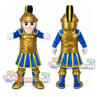 Knight Mascot Costume with Gold Armor and Blue Uniform