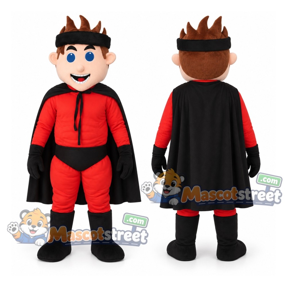 Superhero Boy Mascot Costume with Red Suit and Black Cape Superhero Boy Mascot Costume with Red Suit and Black Cape