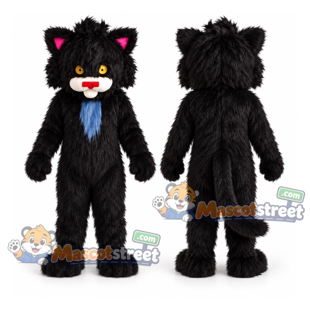 Black Cat Mascot Costume with Blue Tie Black Cat Mascot Costume with Blue Tie