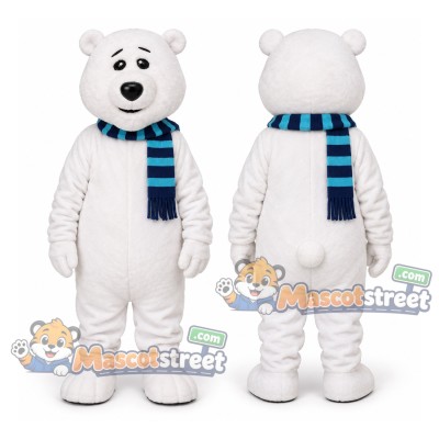 White Polar Bear Mascot Costume with Blue Striped Scarf White Polar Bear Mascot Costume with Blue Striped Scarf