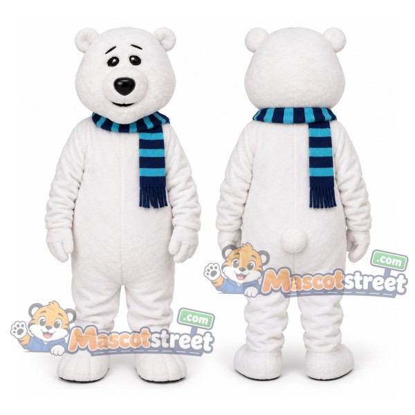 White Polar Bear Mascot Costume with Blue Striped Scarf