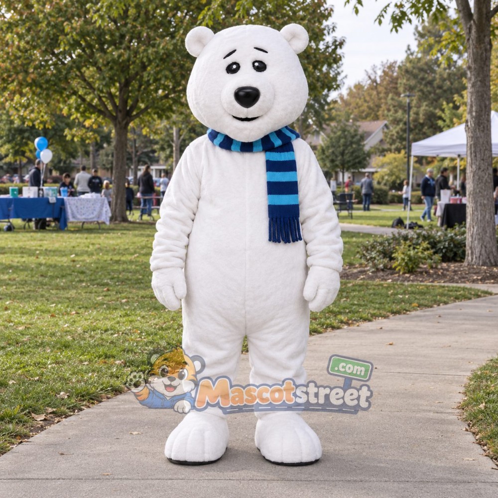 White Polar Bear Mascot Costume with Blue Striped Scarf