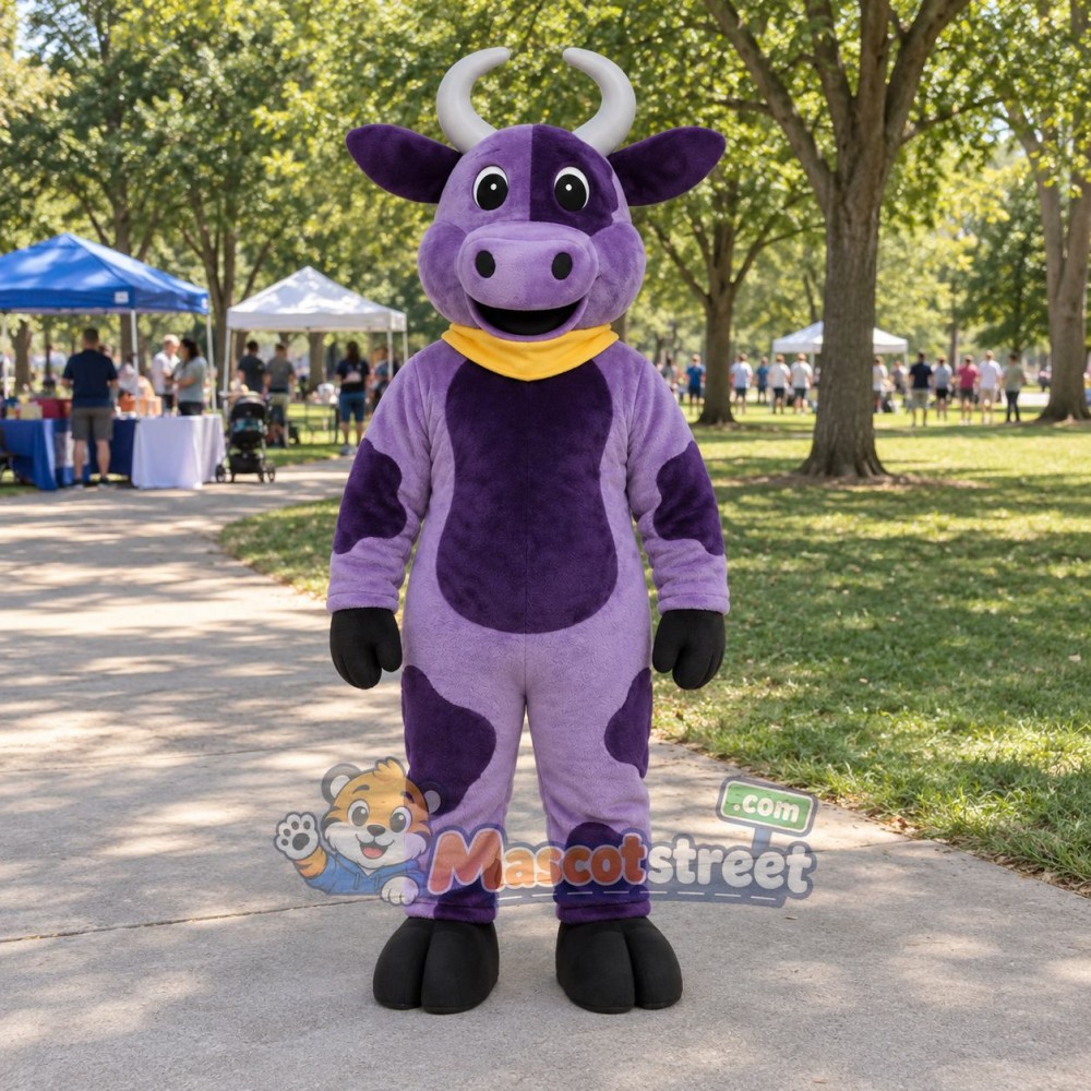 Purple Cow Mascot Costume with Yellow Collar