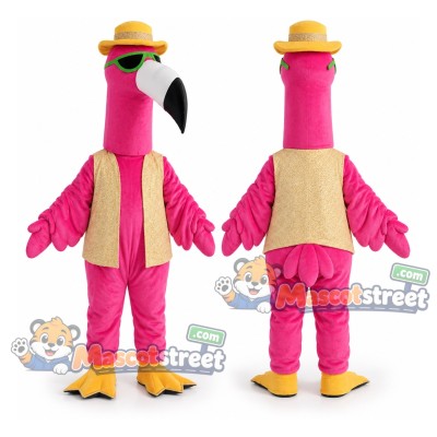 Pink Flamingo Mascot Costume with Yellow Vest and Straw Hat