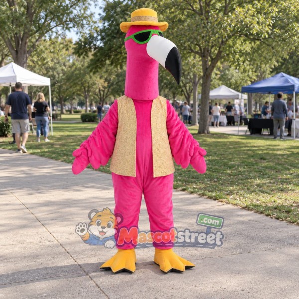 Pink Flamingo Mascot Costume with Yellow Vest and Straw Hat