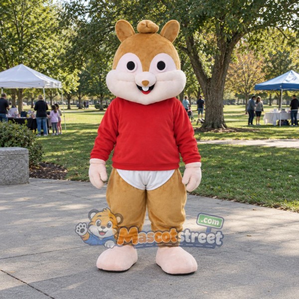 Tan Chipmunk Mascot Costume with Red Sweater