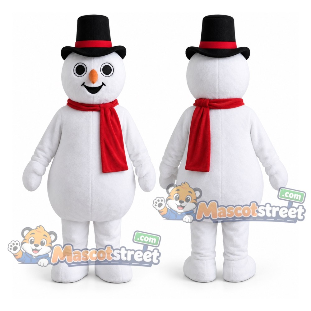 Snowman Mascot Costume with Black Hat and Red Scarf Snowman Mascot Costume with Black Hat and Red Scarf
