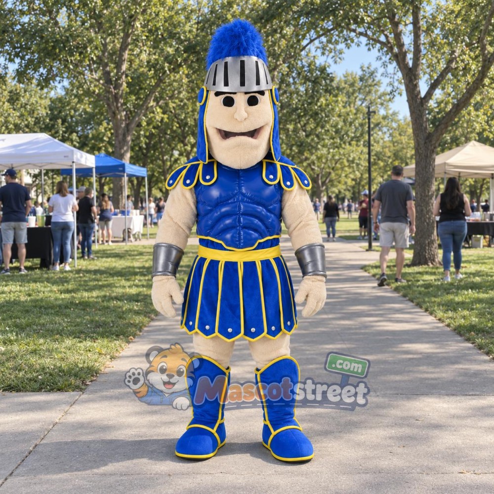 Knight Mascot Costume with Blue Armor and Blue Plume