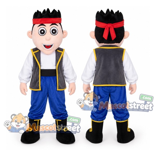 Pirate Boy Mascot Costume with Black Vest, Blue Trousers and Red Headband