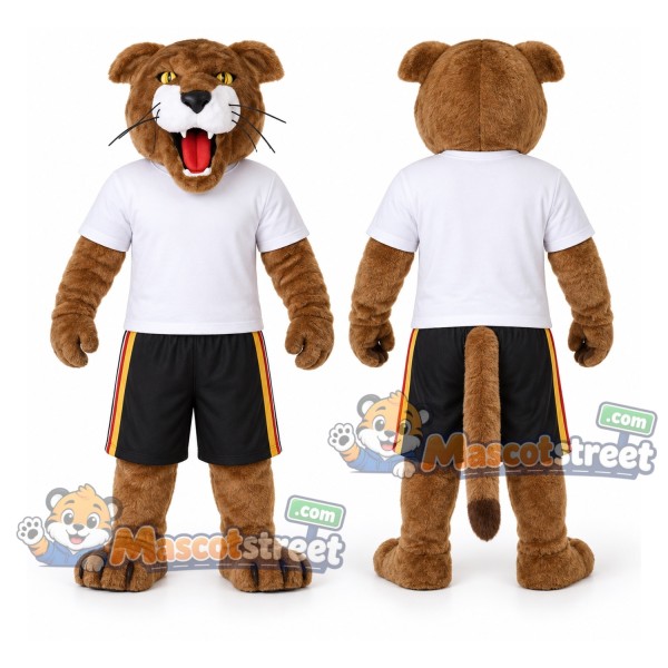 Brown Cougar Mascot Costume with White Shirt and Black Shorts