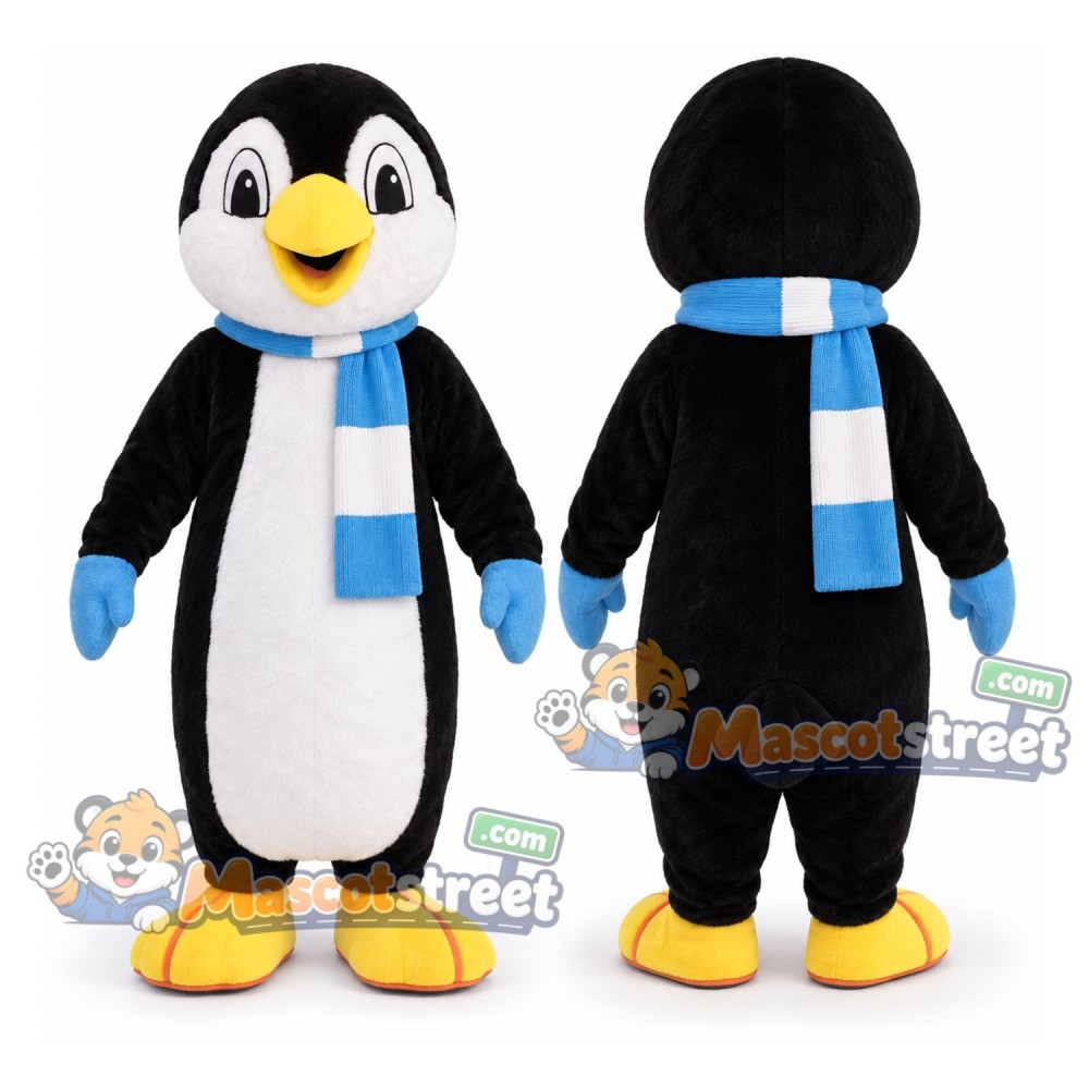 Penguin Mascot Costume with Blue Striped Scarf