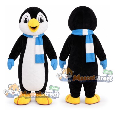 Penguin Mascot Costume with Blue Striped Scarf