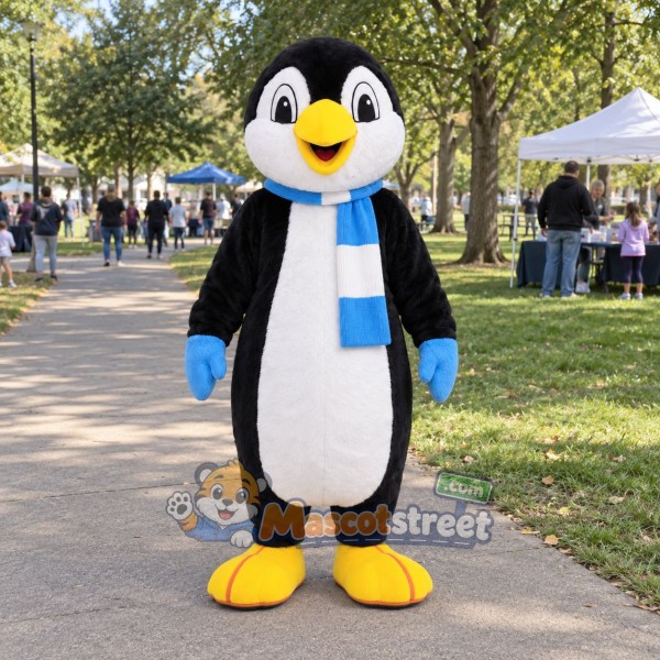 Penguin Mascot Costume with Blue Striped Scarf