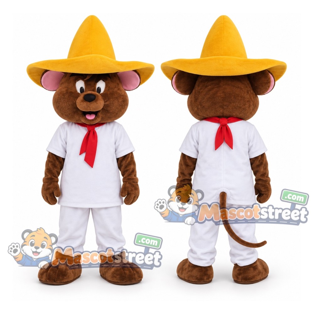 Brown Mouse Mascot Costume with White Suit and Yellow Sombrero