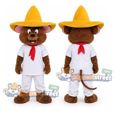 Brown Mouse Mascot Costume with White Suit and Yellow Sombrero