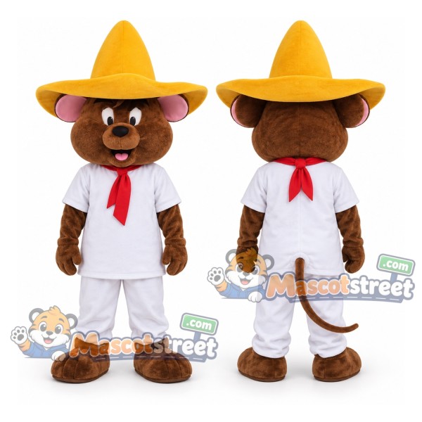 Brown Mouse Mascot Costume with White Suit and Yellow Sombrero