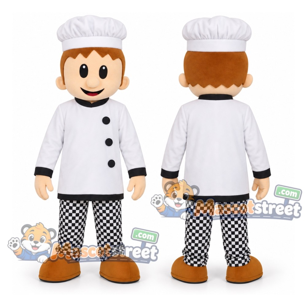 Chef Mascot Costume with White Chef Coat, Checkered Trousers and Hat Chef Mascot Costume with White Chef Coat, Checkered Trousers and Hat