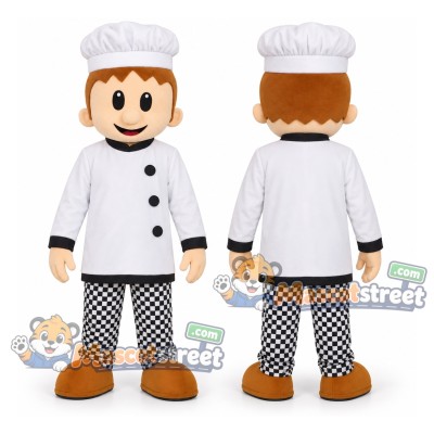 Chef Mascot Costume with White Chef Coat, Checkered Trousers and Hat Chef Mascot Costume with White Chef Coat, Checkered Trousers and Hat