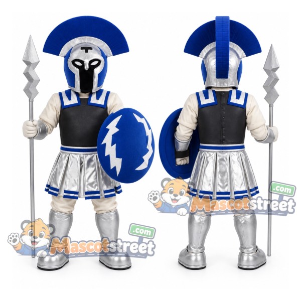 Knight Mascot Costume with Silver Armor and Blue Helmet