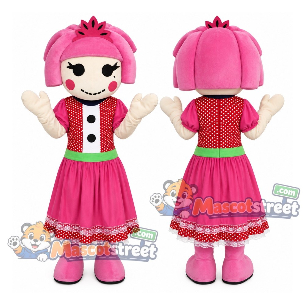 Pink Haired Doll Mascot Costume with Pink Dress Pink Haired Doll Mascot Costume with Pink Dress
