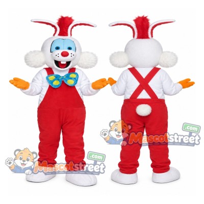 White Rabbit Mascot Costume with Red Overalls and Multicolor Bow Tie White Rabbit Mascot Costume with Red Overalls and Multicolor Bow Tie