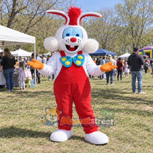 White Rabbit Mascot Costume with Red Overalls and Multicolor Bow Tie