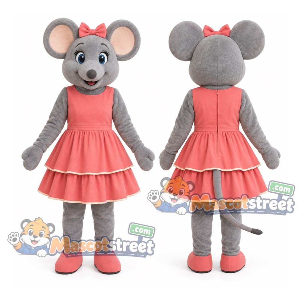 Gray Mouse Mascot Costume with Pink Dress Gray Mouse Mascot Costume with Pink Dress