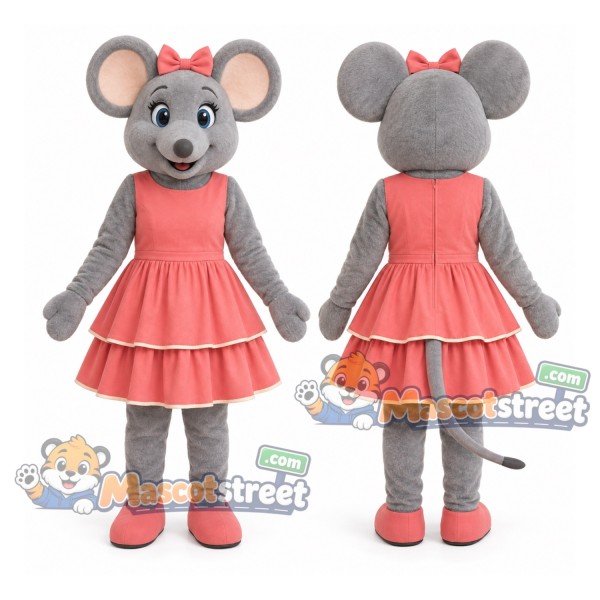 Gray Mouse Mascot Costume with Pink Dress