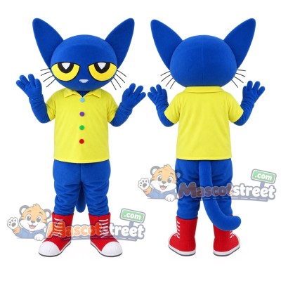 Blue Cat Mascot Costume with Yellow Shirt and Blue Trousers
