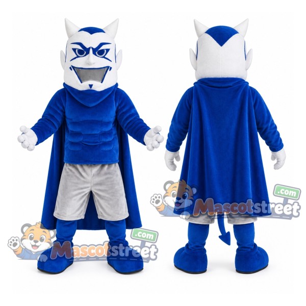 Blue Devil Mascot Costume with Blue Cape and White Shorts