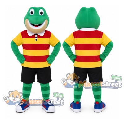 Green Frog Mascot Costume with Striped Shirt and Black Shorts Green Frog Mascot Costume with Striped Shirt and Black Shorts