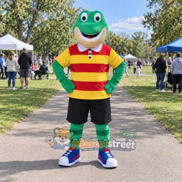 Green Frog Mascot Costume with Striped Shirt and Black Shorts Green Frog Mascot Costume with Striped Shirt and Black Shorts