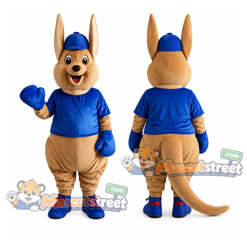 Tan Kangaroo Mascot Costume with Blue Shirt and Blue Cap