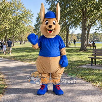 Tan Kangaroo Mascot Costume with Blue Shirt and Blue Cap