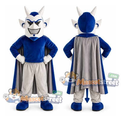 Blue Devil Mascot Costume with Blue Shirt, White Trousers and Gray Cape
