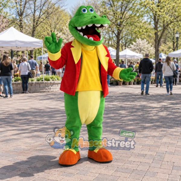 Green Crocodile Mascot Costume with Red Jacket Green Crocodile Mascot Costume with Red Jacket