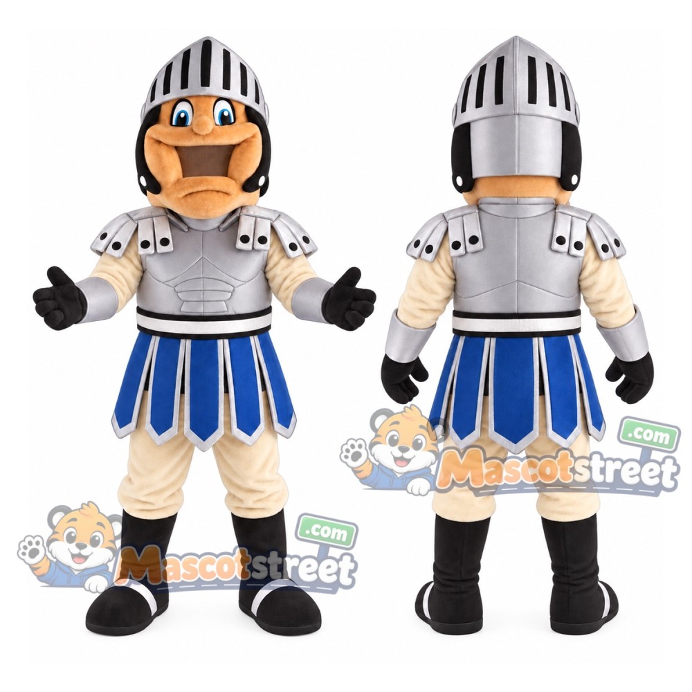Knight Mascot Costume with Silver Armor and Blue Skirt Knight Mascot Costume with Silver Armor and Blue Skirt