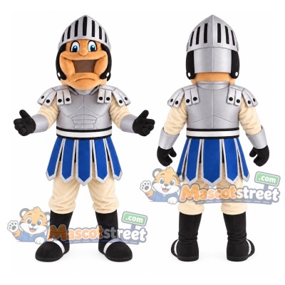 Knight Mascot Costume with Silver Armor and Blue Skirt Knight Mascot Costume with Silver Armor and Blue Skirt