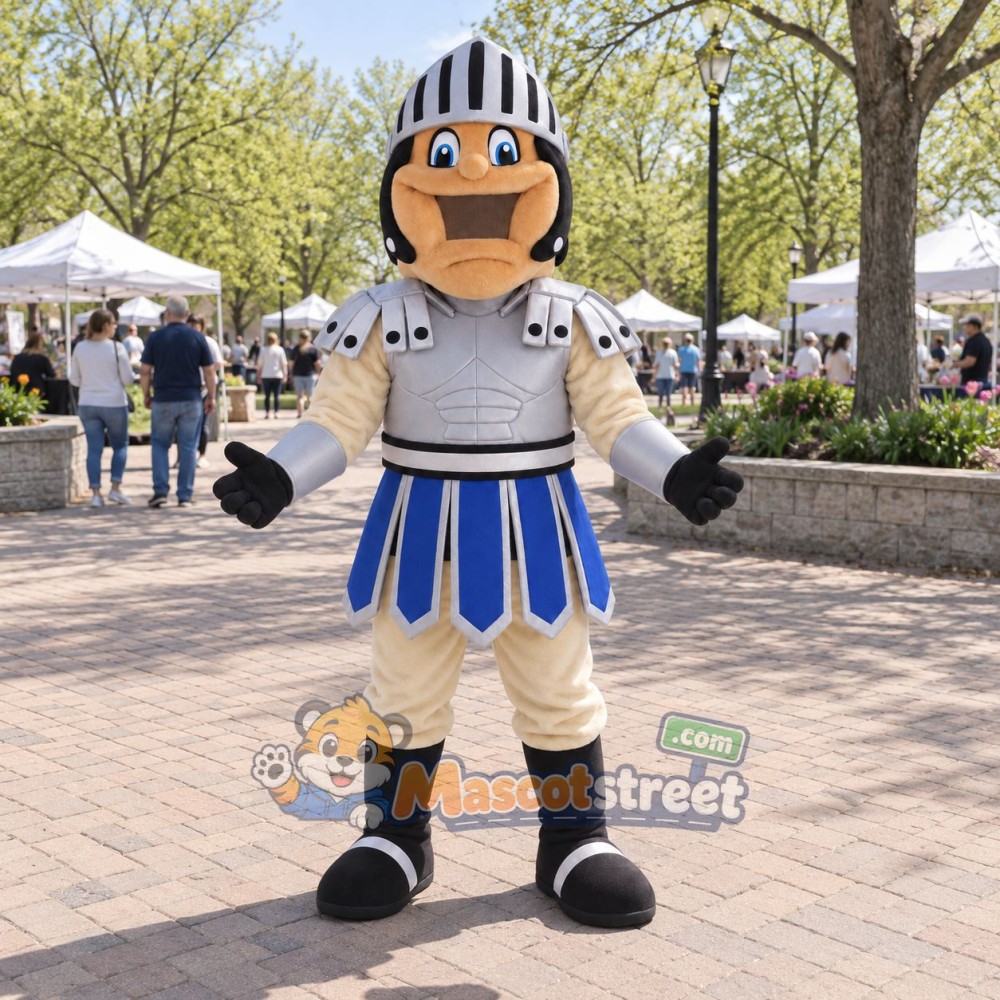 Knight Mascot Costume with Silver Armor and Blue Skirt Knight Mascot Costume with Silver Armor and Blue Skirt