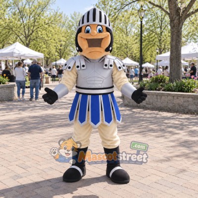 Knight Mascot Costume with Silver Armor and Blue Skirt Knight Mascot Costume with Silver Armor and Blue Skirt