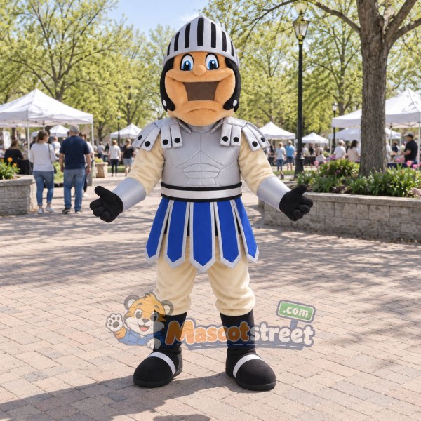 Knight Mascot Costume with Silver Armor and Blue Skirt Knight Mascot Costume with Silver Armor and Blue Skirt