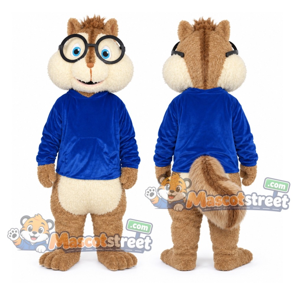 Brown Chipmunk Mascot Costume with Blue Sweater and Glasses Brown Chipmunk Mascot Costume with Blue Sweater and Glasses