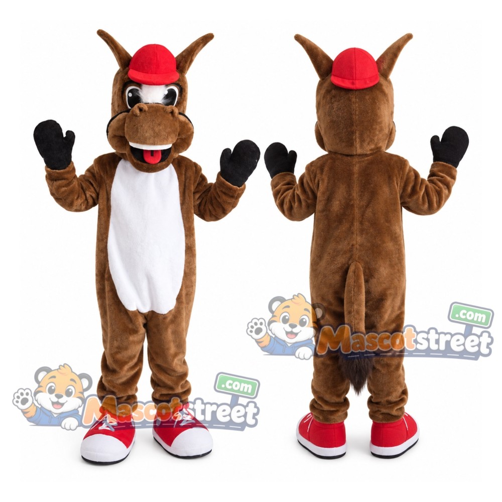 Brown Horse Mascot Costume with Red Cap
