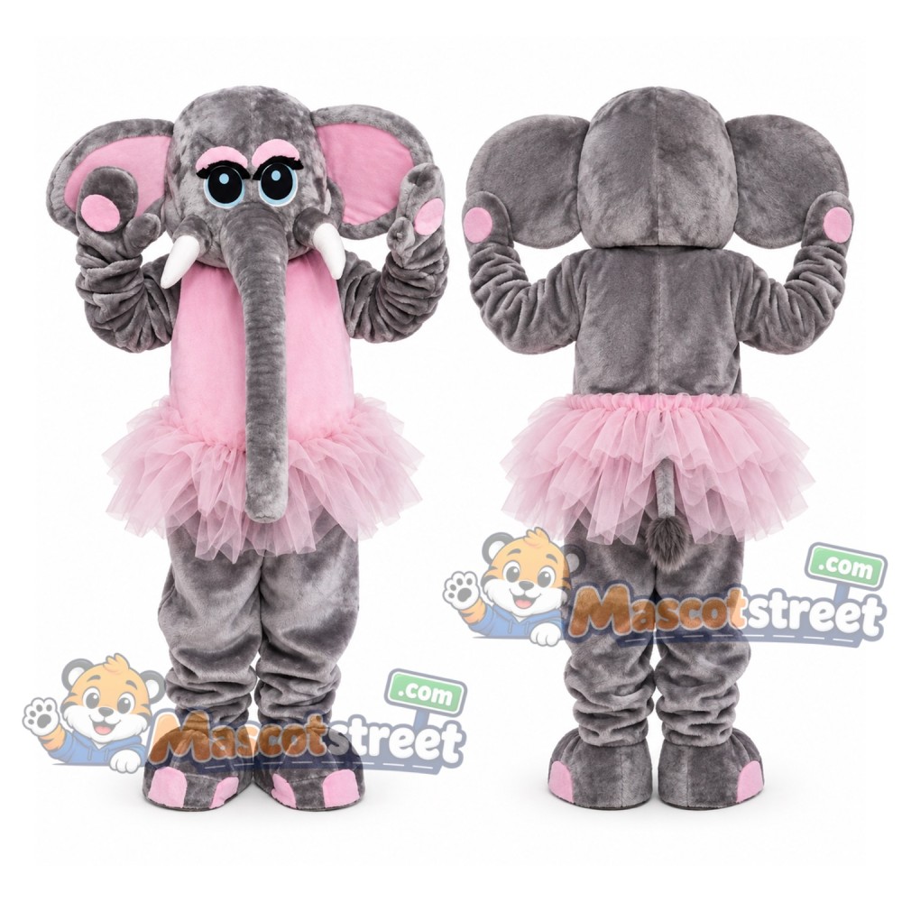 Gray Elephant Mascot Costume with Pink Tutu and Pink Scarf Gray Elephant Mascot Costume with Pink Tutu and Pink Scarf